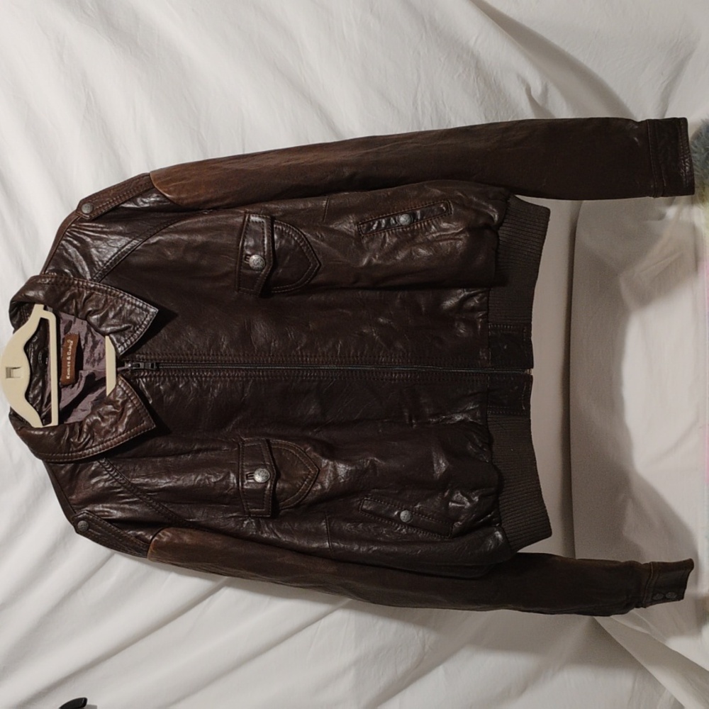 (D-1) SALE! RARE! Knoles & Carter Genuine Lamb Skin Brown Leather Bomber Jacket